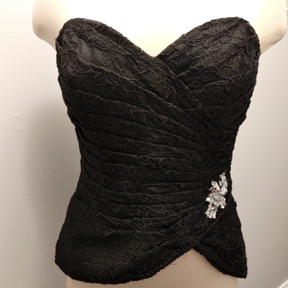 Mori Lee Black Lace Strapless Corset Top with Rhinestone Accent